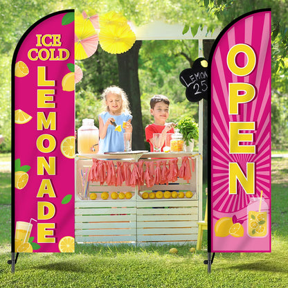 2 Sets Lemonade Feather Flag for Business Advertising 11 FT Summer Lemonade Swooper Flag Sign with Pole Ground Stake Portable Bag Windless Welcome Open Banner for Outside Garden Business Store (Pink)