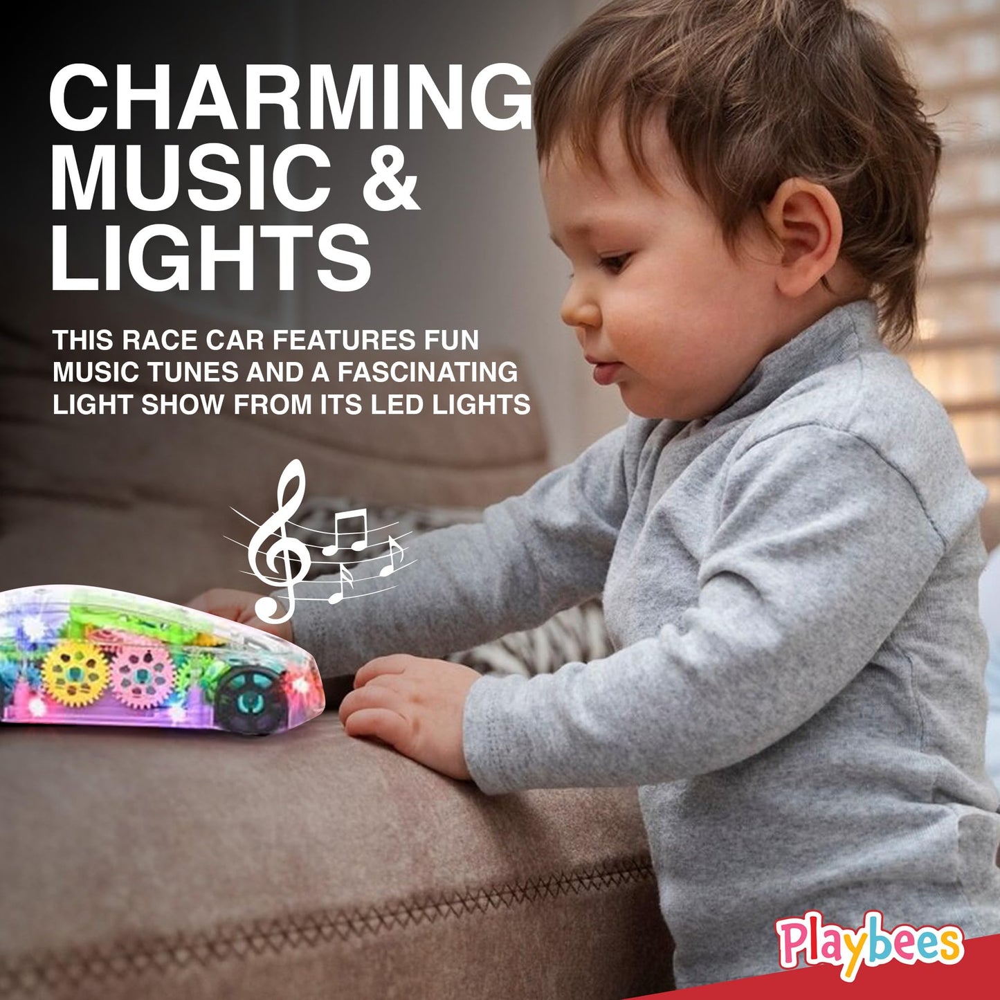 Playbees Light-Up Transparent Car Toy, Toys for Autistic Kids Ages 3-5 Sensory Toy for Kids with Autism Special Needs Toys, Bump and Go Toys for Toddlers Music and LED Effects Great Gift Idea