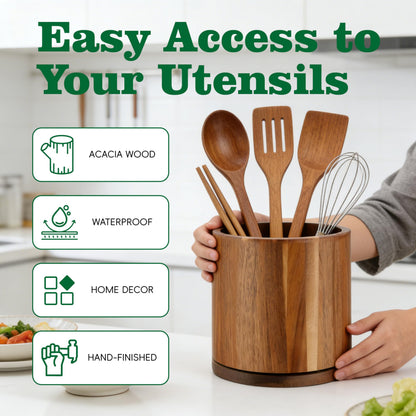 Cyrabota Acacia Wood Utensil Holder 360°Rotating Anti-Tip Design for Kitchen Counter,Cooking Utensil Crock for Countertop , Large Utensil Organizer for Spatula