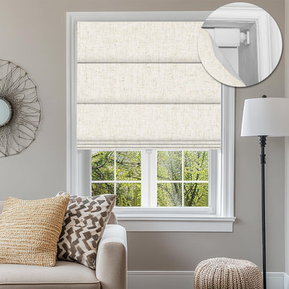 BERISSA No Drill Roman Shades for Windows Blackout, Cordless Linen Fabric Roman Blinds for Windows,Pull Down Room Darkening Window Shades for Home Office,Linen Beige,Custom Size