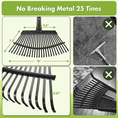 INFLATION Heavy Duty Garden Rake for Leaves for Lawns 65” Length 18” Width Adjustable 25 Tines Sturdy Metal Yard Gardening Leaf Rakes for Women Men with Smooth Comfortable Long Handle