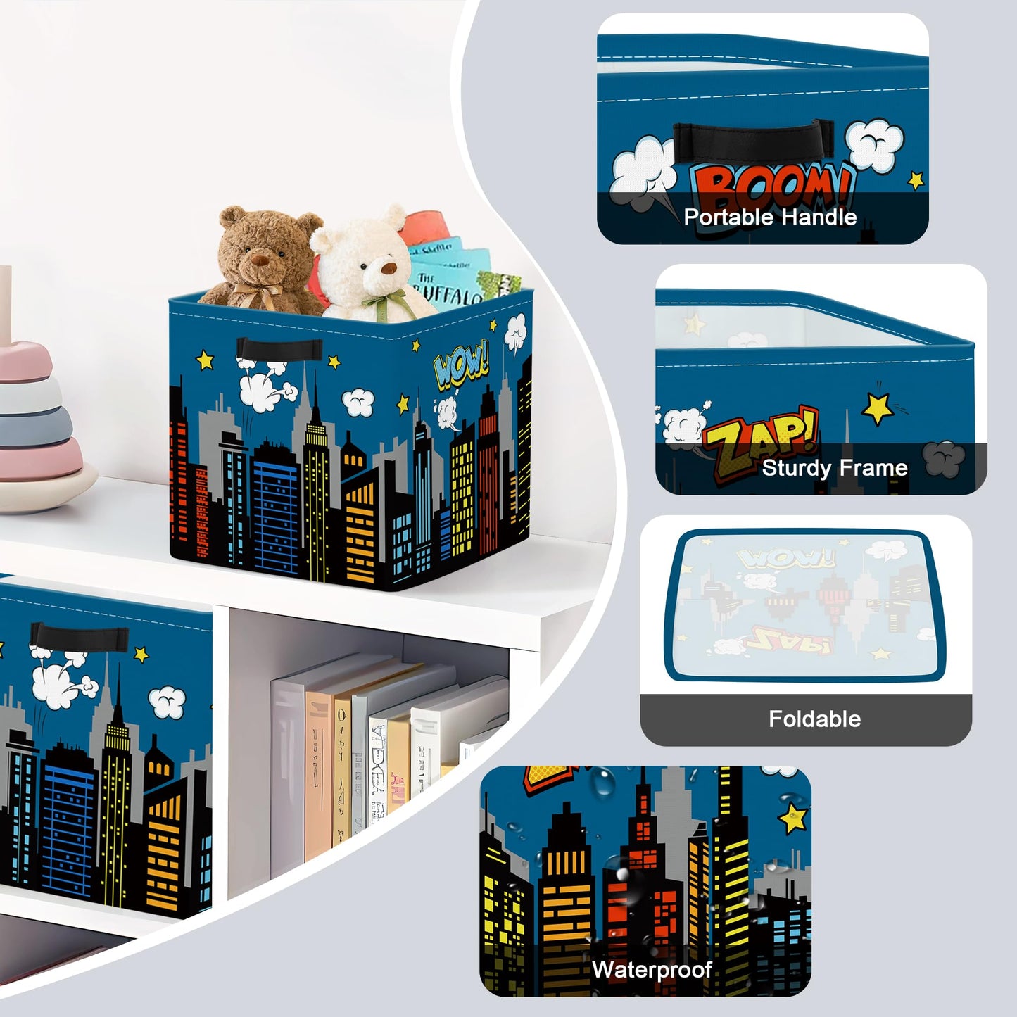 Clastyle Cityscape Hero Kid Storage Cube Organizer Set Skyline Building Silhouette Closet Clothes Cube Storage Bin Nursery Toddler Toy Box Chest Girl Boy Book Shelf Basket,Comic,11.8x11.8x11.8 in
