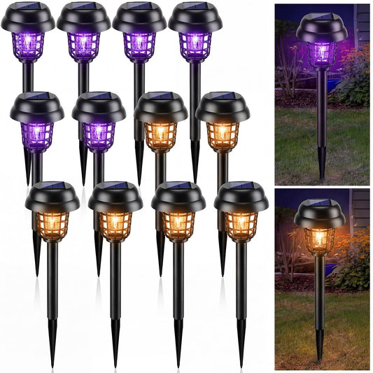 Qualirey 12 Pcs Solar Mosquito Zapper Outdoor Waterproof Solar Powered Bug Zapper Outdoor Mosquito Killer Lamp Trap Repellent Light for Garden Yard Insect (Purple and Flame Light,Black)