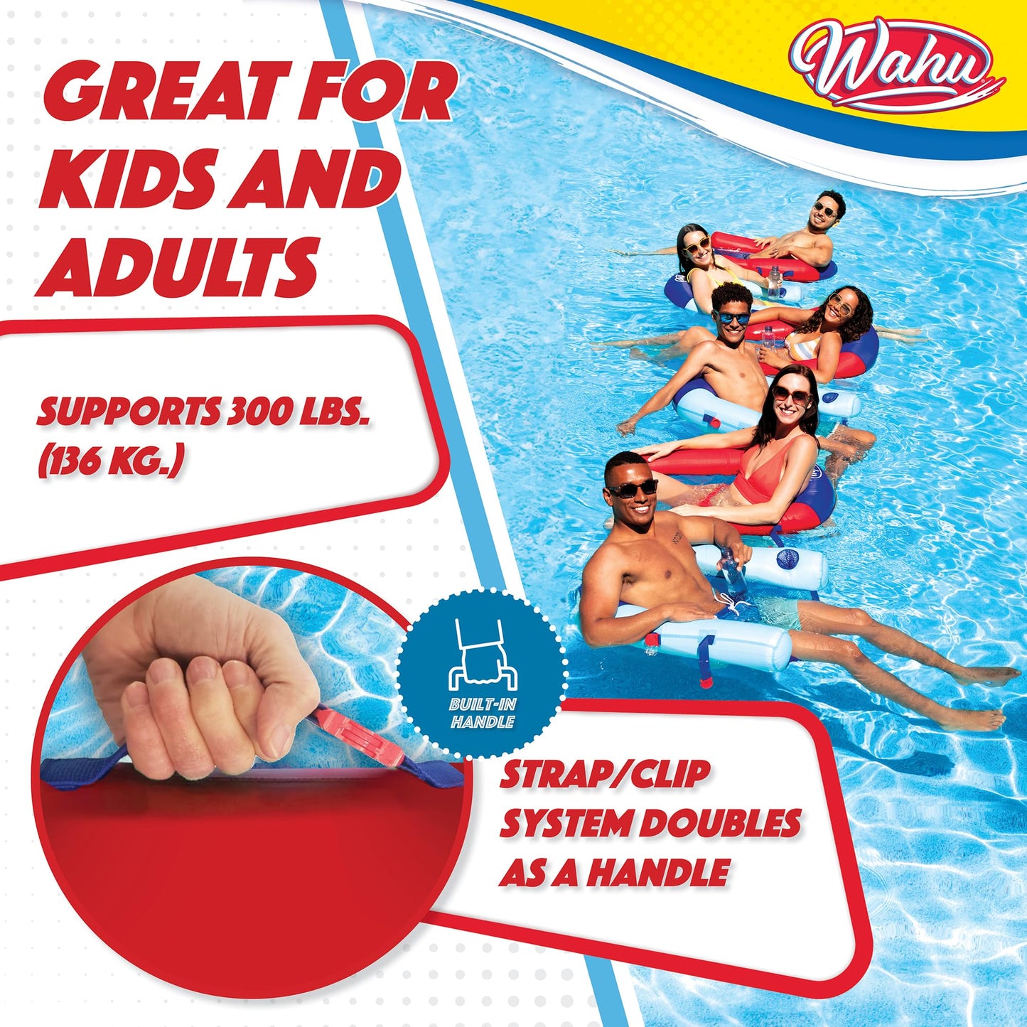 WAHU Float Connex Aqua Pool Seat with Connex Clips, Cupholder, and Inflate Valve, Inflatable Pool Float Chair for Adults and Kids Ages 8+, Blue/Red