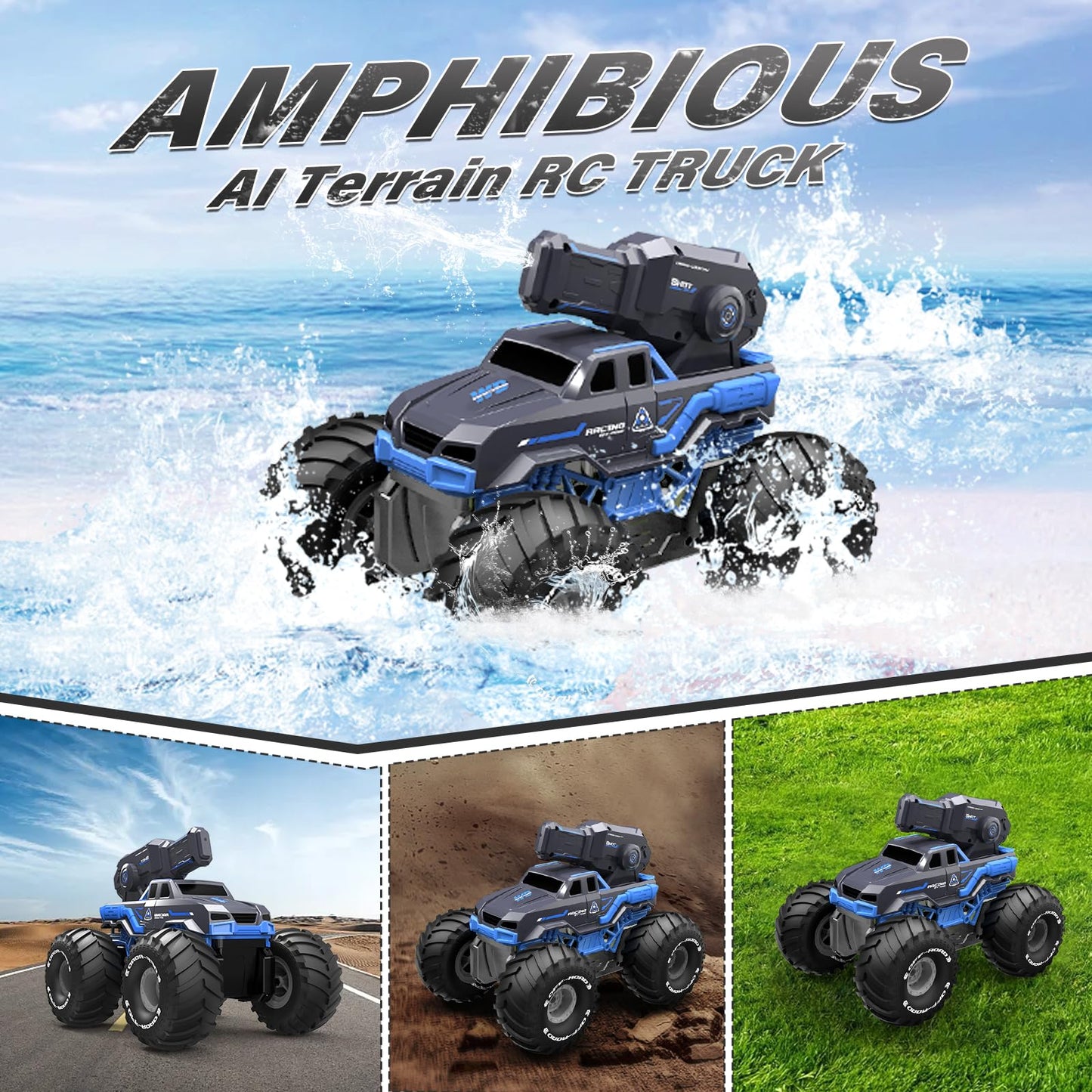Amphibious Remote Control Car Boat Water Squirt RC Tank 2.4GHz Gesture Sensor 4WD Monster Truck Waterproof RC Car for 6 7 8 9-12 Kids Girls Boys Gift Beach Pool Water Toy With 2 Replaceable Batteries