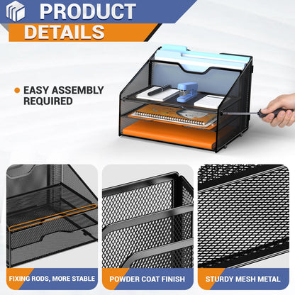 GAWERK Letter Tray Organizer, Mesh Desk File Organizer with 3 Paper Trays and 2 Vertical Upright Section, Blank