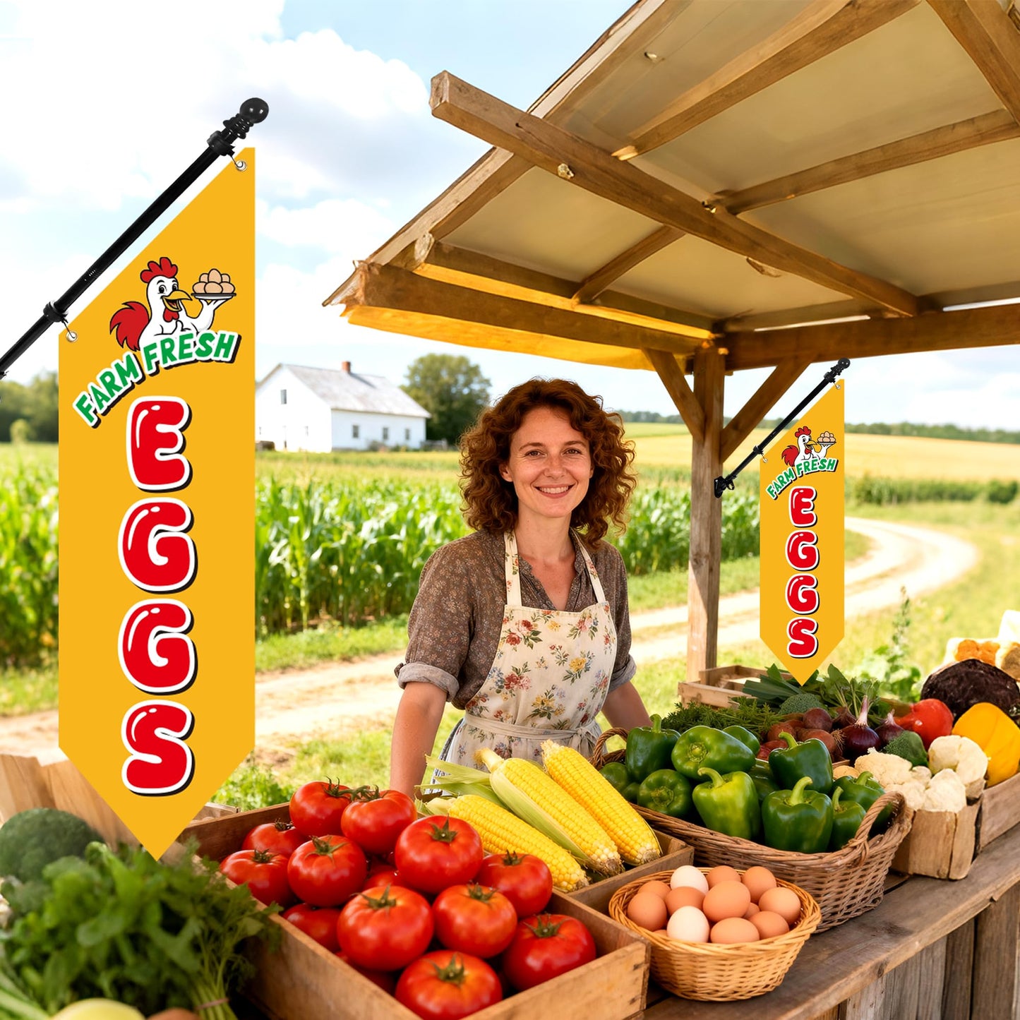 Farm Fresh Eggs Flag with Pole Kit – 42x12inch Double-Sided Heavy-Duty Canvas Flag, Outdoor Rustic Farm Stand or Market Stall Sign, Weatherproof Hanging Advertising Display (Yellow)