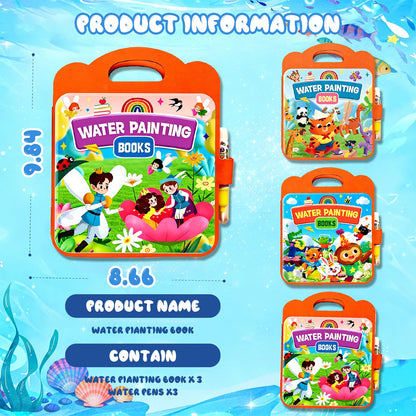 Usmfuie 3 Pcs Reusable Water Painting Book for Toddlers, Water Coloring Books for Kids, Paint with Water Books, Magic Water Color Paint Book with Pen, Water Doodle Book Travel Toys