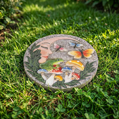 Bechivie Garden Stepping Stones Outdoor, 9.8" Resin Frog Stepping Stone with Moon Butterfly Mushroom, Spring Decorative Round Walkway Gardening Gifts Home Decor for Outside Yard Pathway Patio Lawn