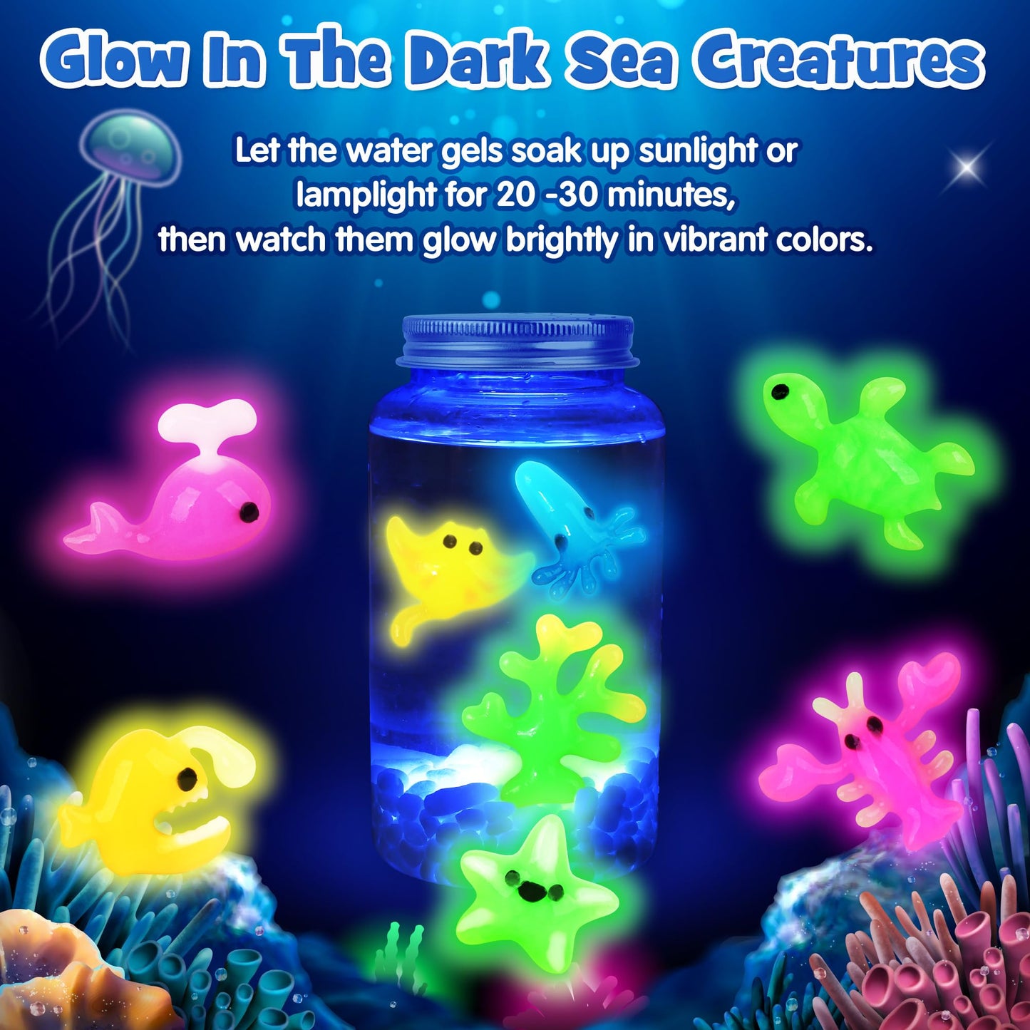 Mocoosy Magic Water Elf Toy Kit for Kids, Glow in the Dark Aqua Fairy Water Gel Kit with 20 Gel & 16 Molds, Make Your Own Squishies, Squishy Maker Set Water Pets DIY STEM Craft Kit Gift for Boys Girls