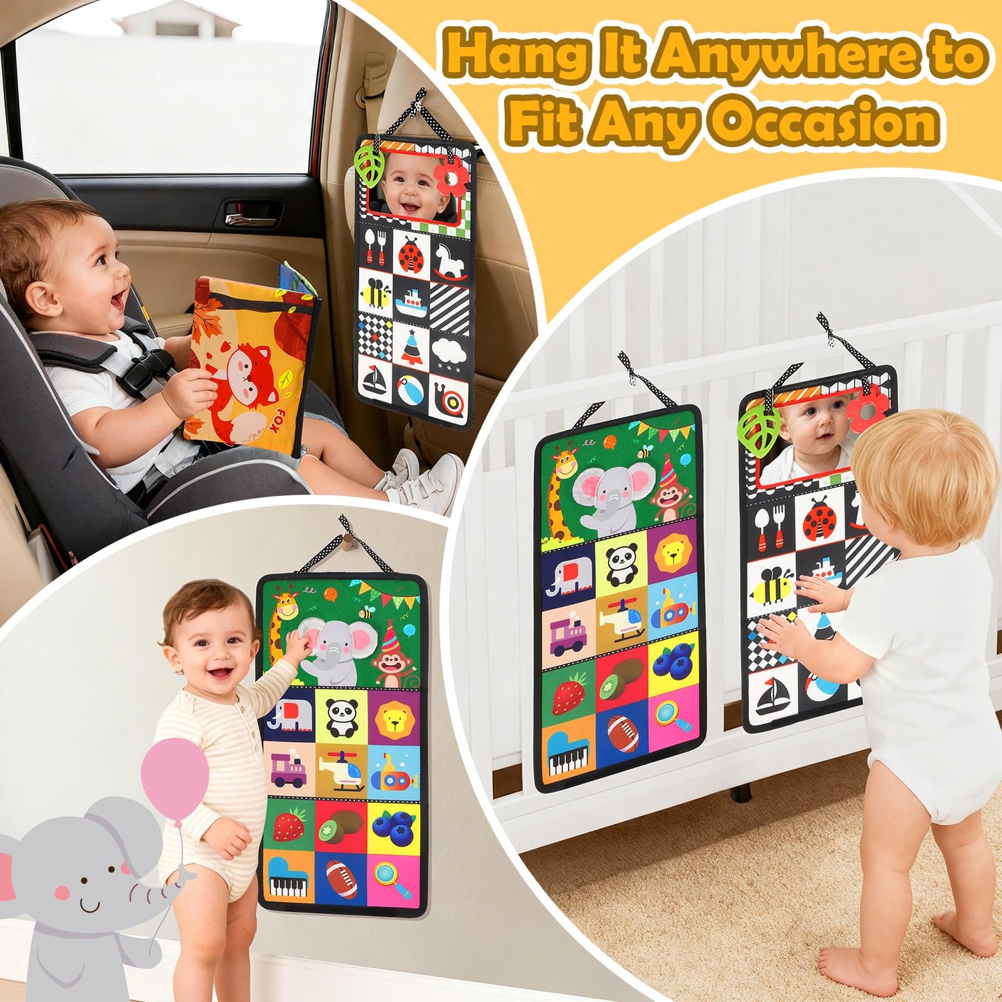 BBWOO Tummy Time Toys, Black and White High Contrast Baby Toys for Newborn, Baby Visual Stimulation Mirror, Montessori Crinkle Book for Infant 0-3-6-12 Months, Boy Girl Shower Gift