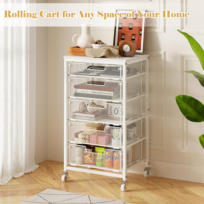 Sbanmao Utility Cart with 5 Drawers, Rolling Storage Cart with Wooden Tabletop and Lockable Wheels, Storage Drawer Cart with Drawers, Craft Cart for Bedroom, Classroom, Home, Office, White