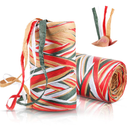 Shappy 2 Rolls Christmas Raffia Ribbon 524 Feet Matte Paper Craft Ribbon Packing Paper Twine Raffia Yarn for Xmas Gifts Wrapping Party Festival Holiday Decor(Red, White, Green, Flaxen)