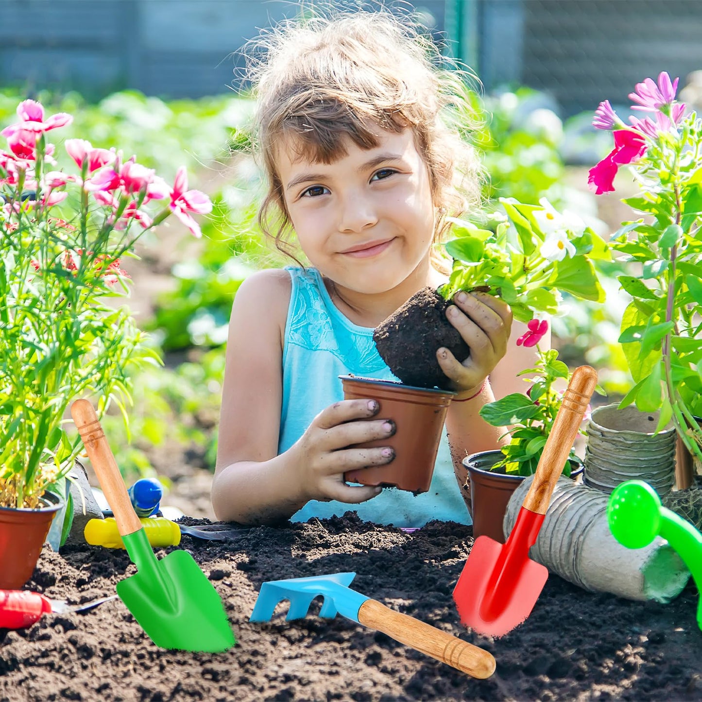 Gisafai 24 Pcs Kids Gardening Tools Set Metal Kids Garden Tools with Sturdy Wooden Handle Safe Toddler Gardening Set Shovel and Rake for Summer Beach Camping Outdoor Digging Sand Play