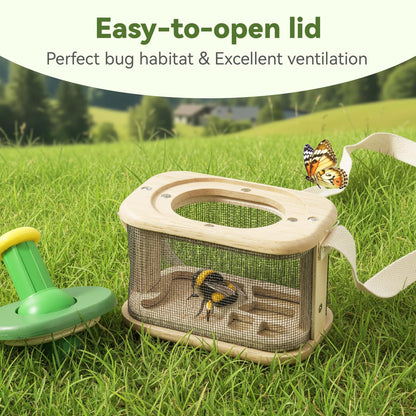 Wooden Bug Catcher for Kids, 360° Rotating Magnifier, Insect Explorer kit, with Bug Habitat, Butterfly Net, Bug Tongs, 10 Insect Cards, Montessori STEM Nature Toy for Outdoor