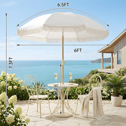 Kbrellaoutlets Patio Fringe Umbrella with UPF 50+ Protection,8 Ribs and Push Button Tilt,Outdoor Beach Umbrella For Garden, Courtyard,Pool,Outside