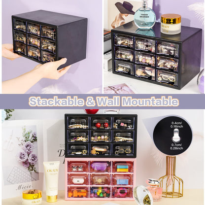 Desk Storage Organizer with 9 Drawers, FODIENS Stackable Desktop Craft Drawer Cabinet, Clear Storage Box Caddy for Makeup Jewelry Office Craft Supplies (9.84×6.3×5.9in) (Black)