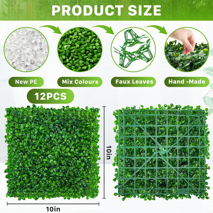 PLMMOUT 12 PCS Artificial Grass Wall Panels, 10"x10" Faux Hedge, Green, Modern Style, Polyethylene Material, Perfect for Indoor/Outdoor Decor