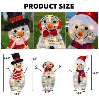 TW SHINE Lighted Christmas Snowman Outdoor Decoration, 3-Piece Pre-Lit 2D Snowman Family Set with 55 Warm White Lights, Christmas Yard Decorations for Patio Lawn Garden Decor, 29.9X12.2Inch-Large
