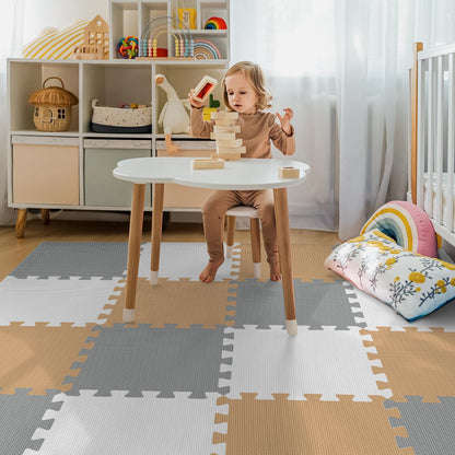 16 Tiles Baby Play Mat for Floor, EVA Foam Baby Floor Play Mat with 0.6 Inch Thick Interlocking Foam Tiles, Foam Floor Tiles for Baby, Toddlers and Kids (Brown-Gray-White, 16PCS)