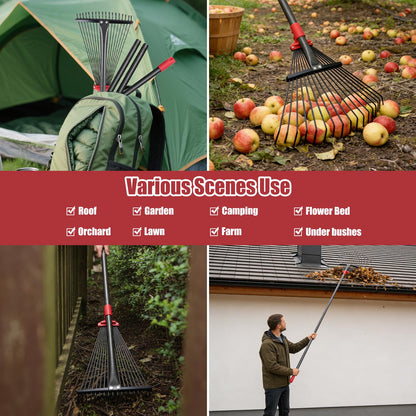 Garden Rake for Leaves: 55 Inch Adjustable Long Handle 18 Metal Tines with 8-17" Expandable Head Heavy Duty Metal Rake for Lawns Leaves Yard Grass Camping Debris