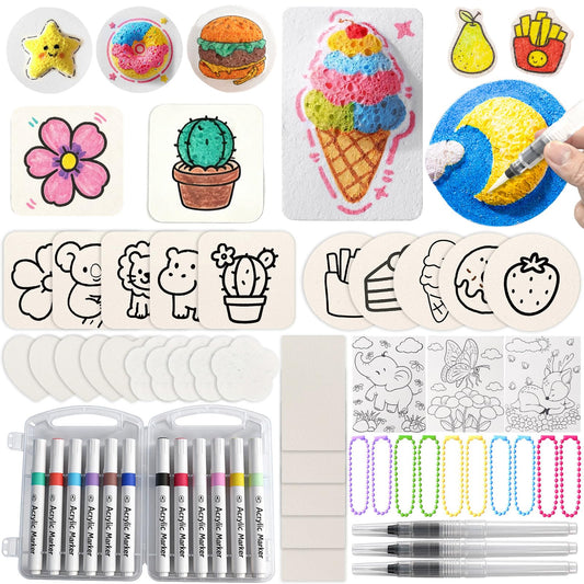 53 Pcs Magic Foam Texture Painting Kit, 3D Drawing DIY Art Set Include 28Pcs Foam Texture Paper, 12 Colors Acrylic Paint Markers, 3 Soft-tip Water Brush Pen, Magic Puffy Paint Magical 3D Painting Kit