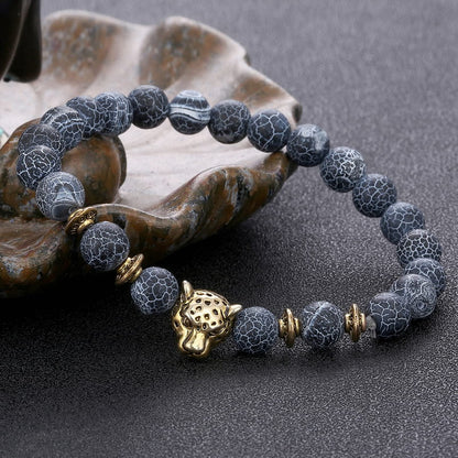 Unisex 8 mm Volcanic Lava Rock Gold Plated Panther Leopard Head Bead Buddha Bracelet Natural Stone Anti-Anxiety Essential Oil Diffuser Energy Balance Stress Relief Reiki Chakra Healing Yoga Meditation
