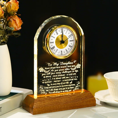 Arikyrist Daughter Gifts from Mom Dad Glass Daughter Clock with Wooden LED Light Base Inspirational Birthday Christmas Graduation Gift for Daughters Lovely Decor for Table Home