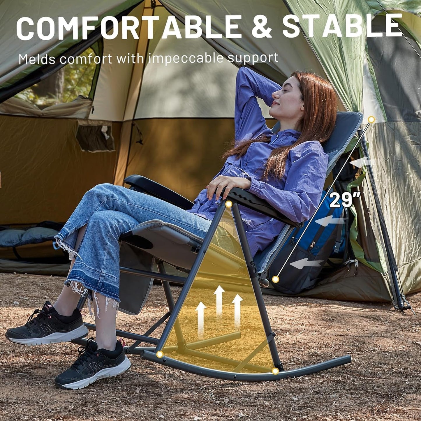 Timber Ridge 3-Level Adjustable Rocking Camping Chair, Padded High Back Outdoor Rocking Chair with Side Pocket, Portable Folding Rocker for Adults, Supports 300 LBS for Lawn, Patio, Porch