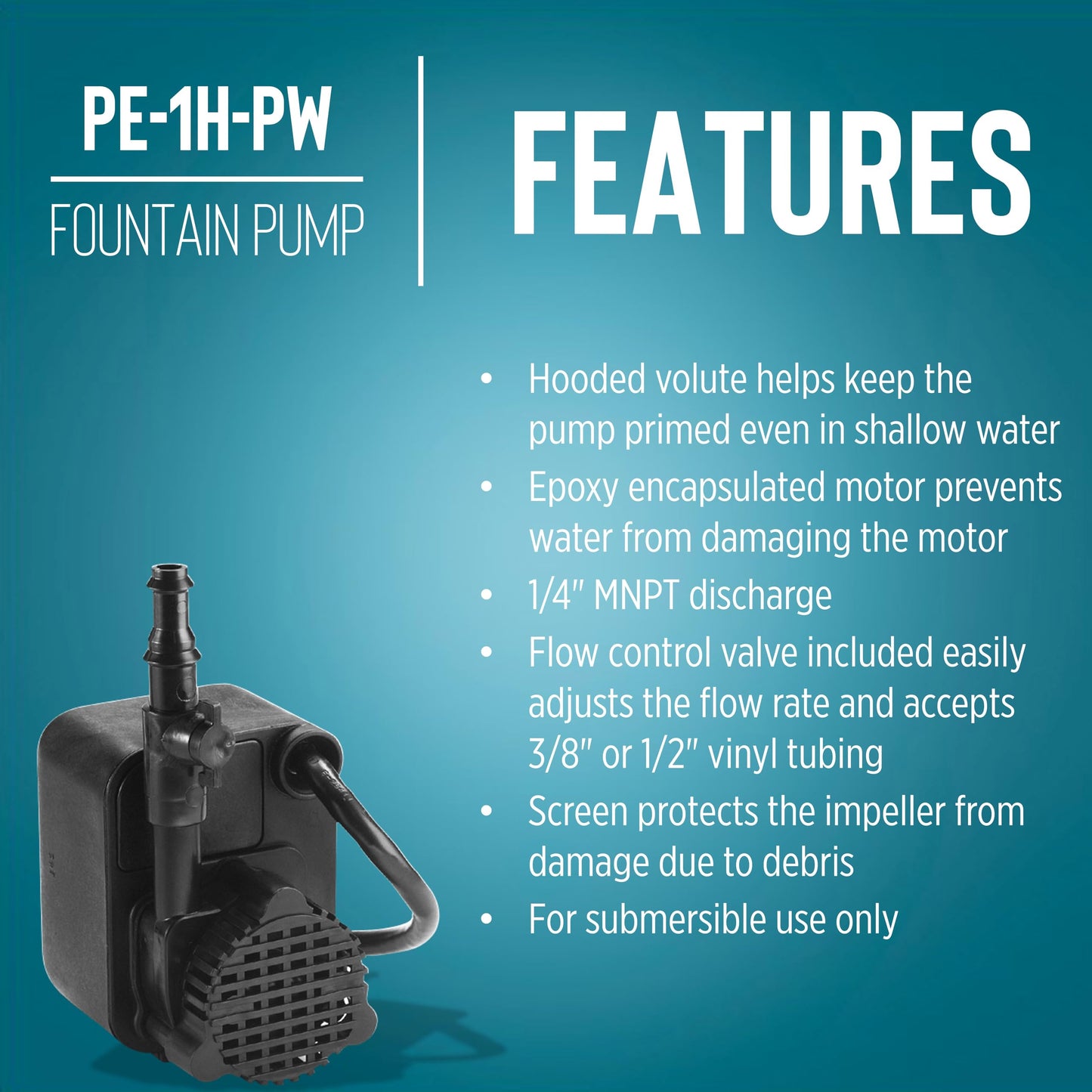 Little Giant PE-1H-PW 115 Volt, 1/125 HP, 186 GPH Epoxy Encapsulated Small Submersible Pump for Fountains and Shallow Water Applications, Hooded Volute and Flow Control Valve, 6-Ft Cord, Black, 566604
