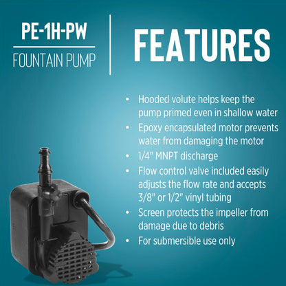 Little Giant PE-1H-PW 115 Volt, 1/125 HP, 186 GPH Epoxy Encapsulated Small Submersible Pump for Fountains and Shallow Water Applications, Hooded Volute and Flow Control Valve, 6-Ft Cord, Black, 566604