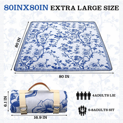 Newwiee 80 x 80 Inch Blue and White Floral Picnic Blanket Extra Large Outdoor Chinoiserie Picnic Mat with Carry Strap Waterproof Sandproof Blanket Foldable Portable for Beach Camping Grass Lawn Park