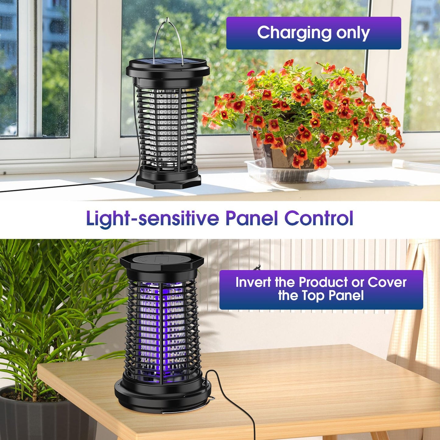 PALONE Bug Zapper for Outdoor & Indoor, USB Rechargeable Solar Bug Zapper with 5.5W Solar Power, Electric Fly Traps, Insect Zapper for Patio, Backyard, Garden, Camping