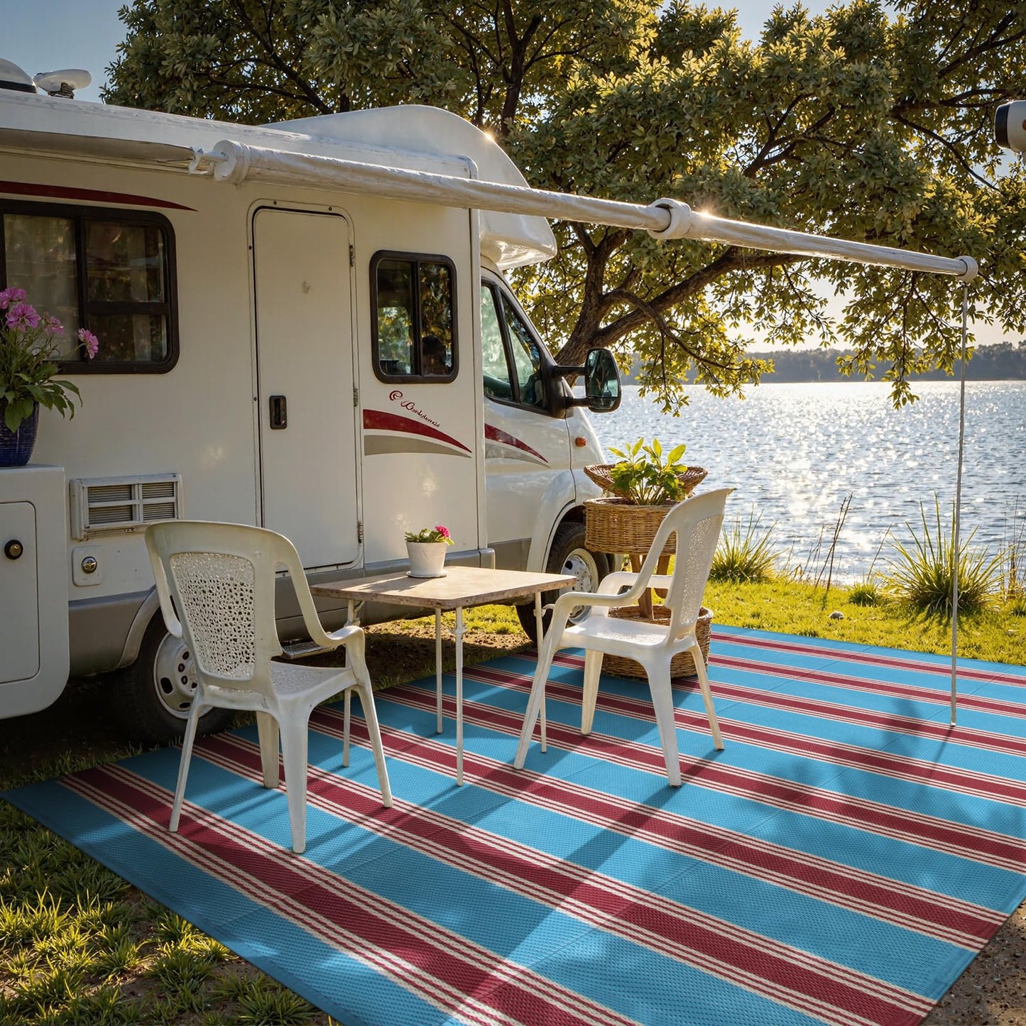 Lahome Striped Outdoor Rug 8x10 Patio Waterproof, Reversible Outdoor Plastic Straw Rug for Camping, RV Patio Rugs Outside Large Carpet for Porch Deck Backyard Picnic(Blue/Red,8'x 10')