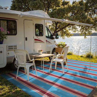 Lahome Striped Outdoor Rug 8x10 Patio Waterproof, Reversible Outdoor Plastic Straw Rug for Camping, RV Patio Rugs Outside Large Carpet for Porch Deck Backyard Picnic(Blue/Red,8'x 10')