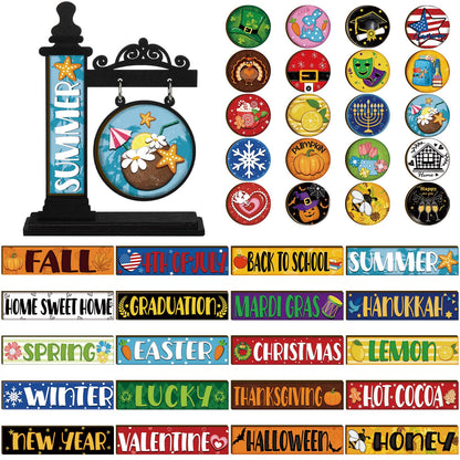RattanView 41 Pcs Interchangeable Seasonal Decor Mini Standing Sign Farmhouse Convertible Holiday Wood Welcome Sign for Summer 4th of July World Bee Day Table Decor(Black)