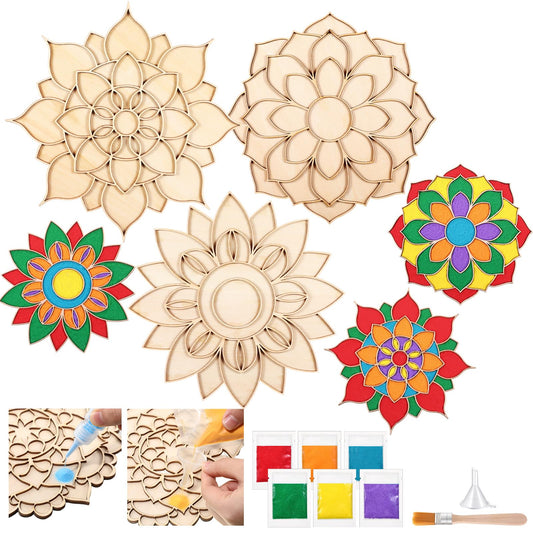 Weekgrat 3 Pcs 9 Inch Diwali Mandala Sand Art Set Reusable Rangoli Mats with Colored Sands Wooden DIY Floral Indian Rangoli Stencils Decorative Plates DIY Crafts for Traditional (Exquisite)