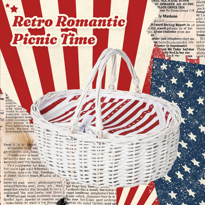 Wicker Picnic Basket with Insulated Lined Bag 15“ x 11” x 7“ Red, White Star Stripe Pattern, Iced Beer Insulated Bag for Camping, Picnics, Birthday Gifts, Wedding Gifts