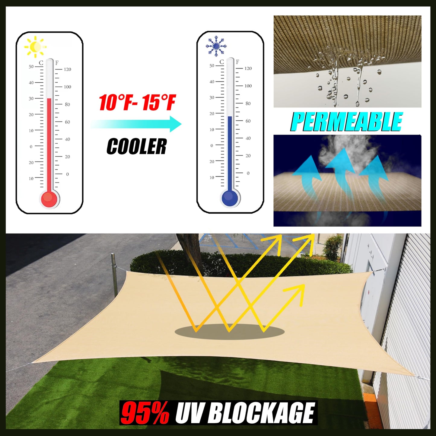 Royal Shade 10' x 13' Beige Rectangle Sun Shade Sail RS-SLR, UPF50+ 95% UV Blockage, 200GSM Commercial Standard Heavy Duty, Water & Air Permeable Canopy Mesh Fabric for Patio (We Make Custom Sizes)