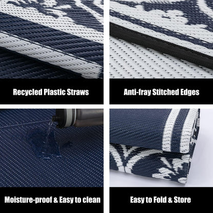 HUGEAR Plastic Outdoor Rug 6'x9' Waterproof Camping Carpet Outside Reversible Area Rug Blue Rugs for RV Deck Entryance Porch Picnic Balcony Beach