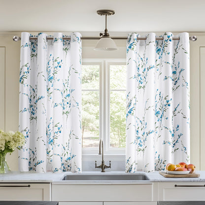 MYSKY HOME 54 inch Floral Curtains, Light Filtering, Thermal Insulated for Bedroom Bay Window, Printed Soft Drapes, Leaf Grommet Darkening, Set of 2 Panels, Sage