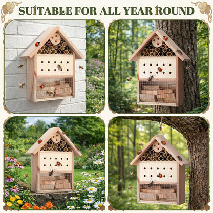 Ferrochef 2 Pcs Wooden Bee House Hanging Insect Hotel for Ladybug, Mason Bee, Bugs Natural Insect Habitat on The Ground or Hanging on The Tree for Garden, 9.8 x 7.8 x 2.95 Inch