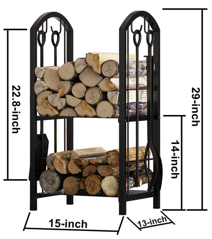 Fire Beauty Fireplace Firewood Log Rack 5-Piece Storage Logs Holder with Tools Set with 4 Tools Set Fireside Holders Wood Lumber Storage Stacking Black