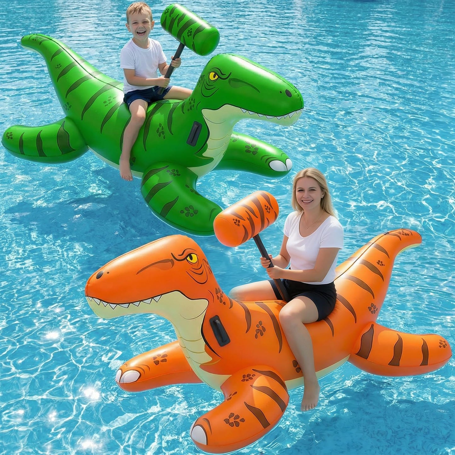 Jasonwell Pool Games Toys Floats -2Pack Inflatable Dinosaur Pool Floats with Blow Up Toy Hammers Ride on Pool Floaties for Kids Teens Adults Lounge Raft Summer Lake Beach Party Decorations (GN&Org XL)