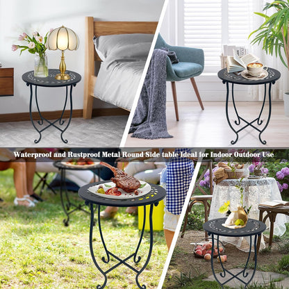 Aonagi Metal Round Side Table, 2 Pack 14 Inch Bedside Table for Living Room, Weather Resistant Black Metal Outdoor Side Table for Patio Balcony Yard Porch Garden, Plant Stand for Indoor Outdoor Use
