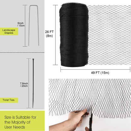 Bird Netting for Garden, 26 x 49FT Heavy Duty Anti Bird Netting Mesh with Ties and Landscape Staples for Vegetable, Fruit Trees & Other Plants, Lasting Against Birds Squirrels and Poultry, Black