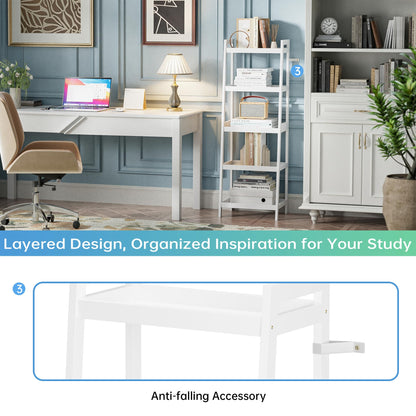 SMIBUY Bamboo Ladder Bookcase, Bathroom Storage Rack Organizer, 4 Tier and 5 Tier Freestanding Plant Display Stand Space Saver Shelves for Bedroom, Kitchen, Balcony (White, 5 Tiers (50" H))