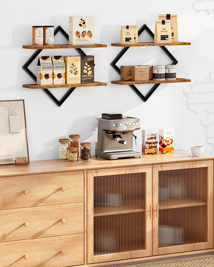 CHOEZON Floating Shelves, Set of 2 Wall Shelves, 2-Tier Hanging Shelves, Wall Shelf Set of 2, Wall Mounted Shelves, for Living Room, Bedroom, Kitchen, Office, Study, Rustic Brown TBJ01P2BF