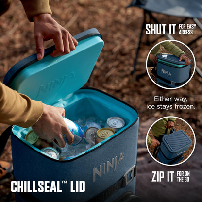 Ninja | Backpack Cooler | FrostVault Go 36 Can Soft Cooler | Leakproof Zipper with Built in Can Opener, 2 Ice Packs & Dry Storage Drawer | for Hiking, Camping & More | Lakeshore Blue | FF136NV