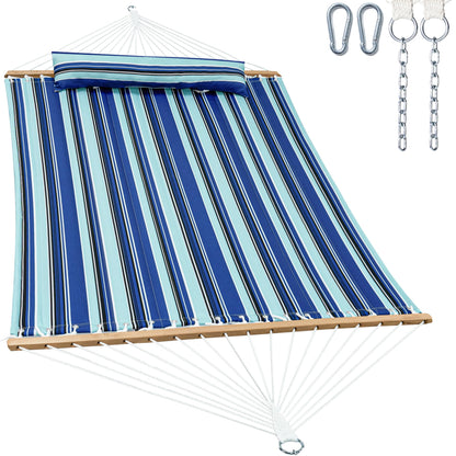 GAFETE Hammock 2 Person Quilted Fabric Hammocks for Outside, Double 12ft Hammocks with Spreader Bar, Large Removable Pillow, Storage Bag, Carabiners, Max 475 lbs Capacity (Catalina Beach)
